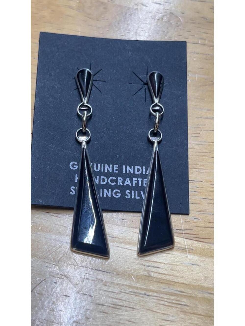 Native American Zuni sterling silver black onyx earrings inlay -Angela Gasper